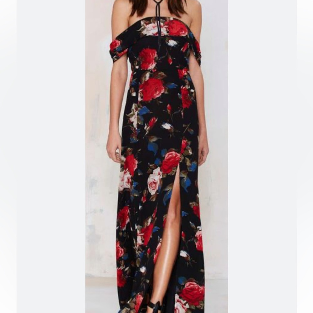 Black Off the Shoulder Rose Print Gown | wedding guest dress prom dress